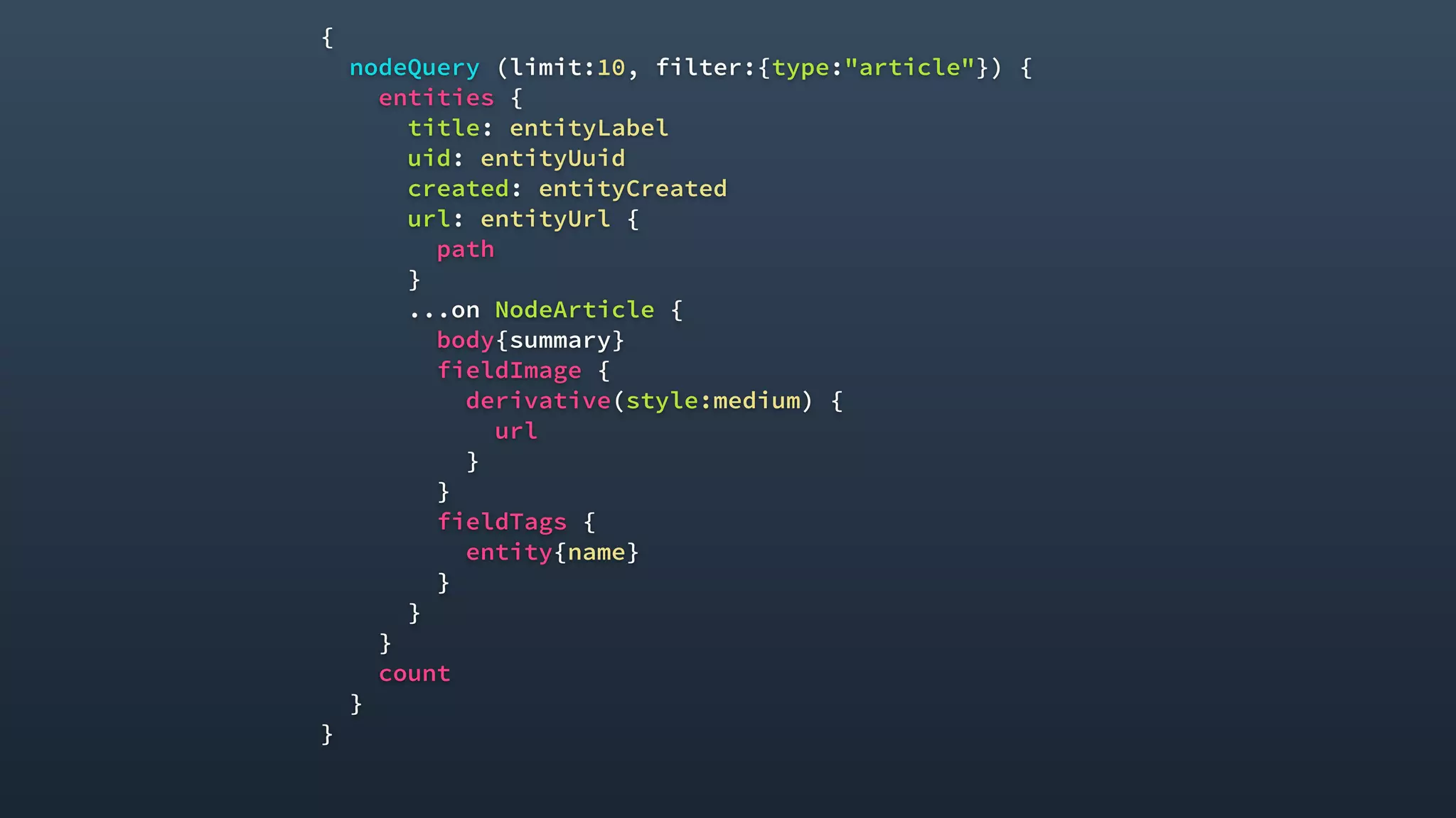 {
nodeQuery (limit:10, filter:{type:"article"}) {
entities {
title: entityLabel
uid: entityUuid
created: entityCreated
url: entityUrl {
path
}
...on NodeArticle {
body{summary}
fieldImage {
derivative(style:medium) {
url
}
}
fieldTags {
entity{name}
}
}
}
count
}
}
 