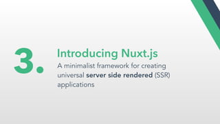 Introducing Nuxt.js
A minimalist framework for creating
universal server side rendered (SSR)
applications
3.
 