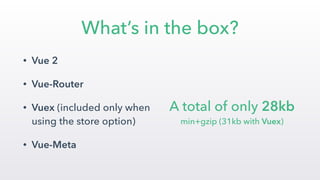 What’s in the box?
• Vue 2
• Vue-Router
• Vuex (included only when
using the store option)
• Vue-Meta
 
A total of only 28kb  
min+gzip (31kb with Vuex)
 