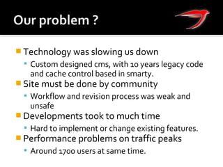  Technology was slowing us down
 Custom designed cms, with 10 years legacy code
and cache control based in smarty.
 Site must be done by community
 Workflow and revision process was weak and
unsafe
 Developments took to much time
 Hard to implement or change existing features.
 Performance problems on traffic peaks
 Around 1700 users at same time.
 