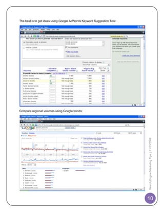 The best is to get ideas using Google AdWords Keyword Suggestion Tool:




Compare regional volumes using Google trends:




                                                                         Search Engine Marketing Tips | 11/13/2008




                                                                         10
 