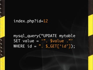 index.php?id=12


mysql_query(“UPDATE mytable
SET value = ‘”. $value .”’
WHERE id = ”. $_GET[‘id’]);
 