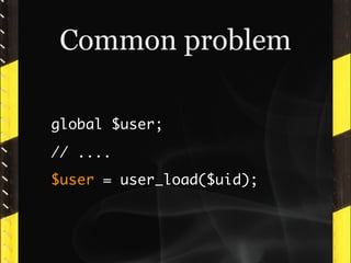 Common problem

global $user;
// ....
$user = user_load($uid);
 