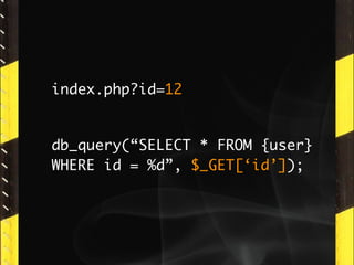 index.php?id=12


db_query(“SELECT * FROM {user}
WHERE id = %d”, $_GET[‘id’]);
 