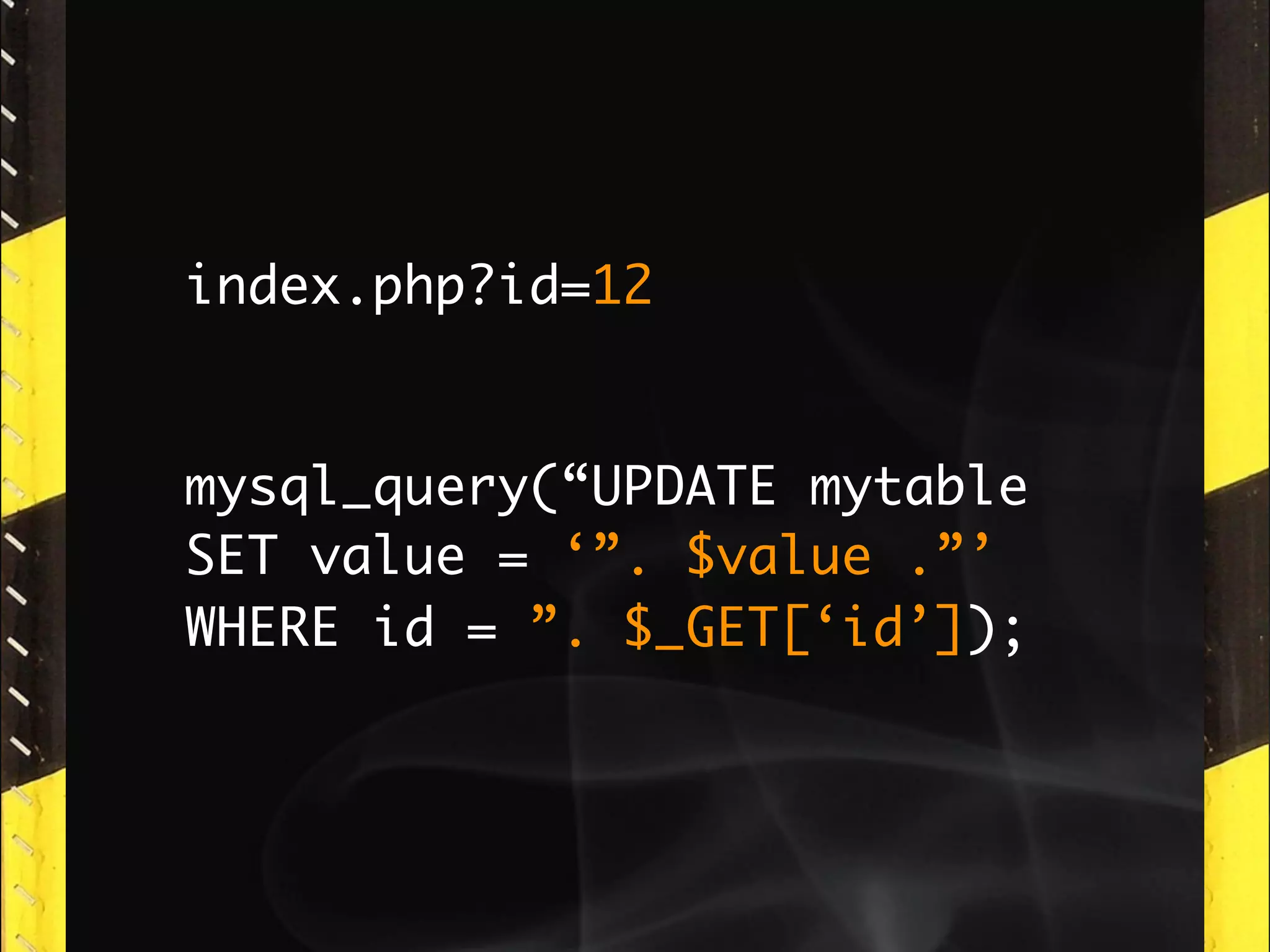 index.php?id=12


mysql_query(“UPDATE mytable
SET value = ‘”. $value .”’
WHERE id = ”. $_GET[‘id’]);
 