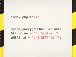 index.php?id=12


mysql_query(“UPDATE mytable
SET value = ‘”. $value .”’
WHERE id = ”. $_GET[‘id’]);
 