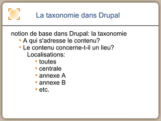 notion de base dans Drupal: la taxonomie A qui s'adresse le contenu?  Le contenu concerne-t-il un lieu? Localisations:  toutes centrale annexe A annexe B etc. La taxonomie dans Drupal 