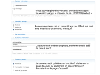 Les commentaires ont un paramétrage par défaut, qui peut être modifié sur un contenu individuel Vous pouvez gérer des versions, avec des messages  de version; par ex: « changmt de tél. 15/08/2008 Albert » L'auteur sera-t-il visible au public, de même que la date de mise à jour? Le contenu est-il publié ou en brouillon? Visible sur la  page d'accueil ou seulement en page intérieure?  Persistant sur la page d'accueil? 