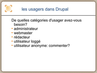 les usagers dans Drupal De quelles catégories d'usager avez-vous besoin? administrateur webmaster rédacteur utilisateur loggé utilisateur anonyme: commenter? 