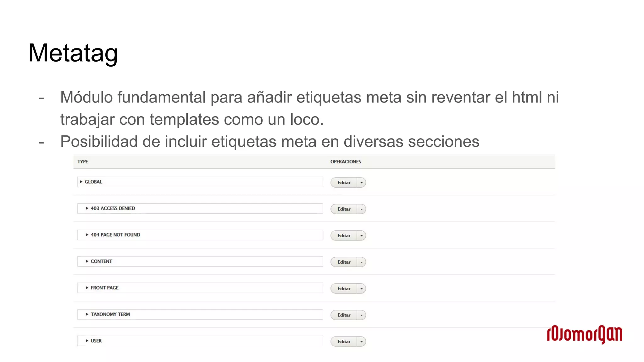 Metatag
- Módulo fundamental para añadir etiquetas meta sin reventar el html ni
trabajar con templates como un loco.
- Posibilidad de incluir etiquetas meta en diversas secciones
 