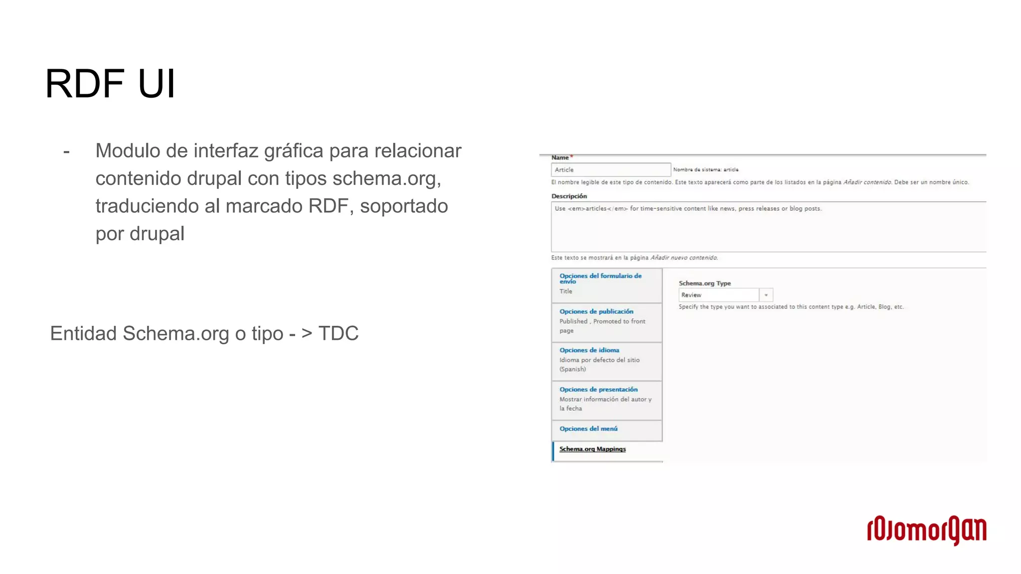 RDF UI
- Modulo de interfaz gráfica para relacionar
contenido drupal con tipos schema.org,
traduciendo al marcado RDF, soportado
por drupal
Entidad Schema.org o tipo - > TDC
 