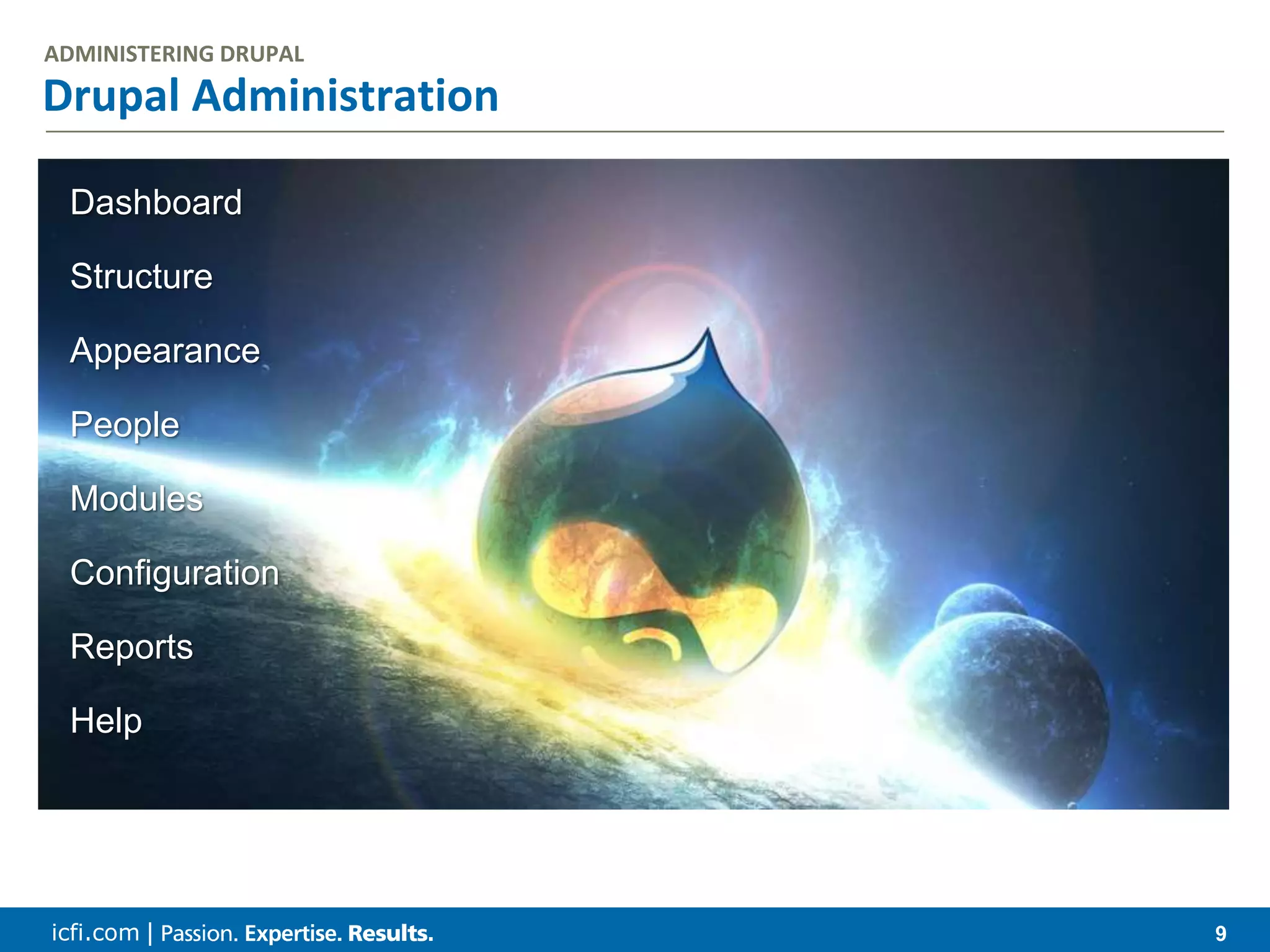 icfi.com | 9 Drupal Administration ADMINISTERING DRUPAL Dashboard Structure Appearance People Modules Configuration Reports Help 