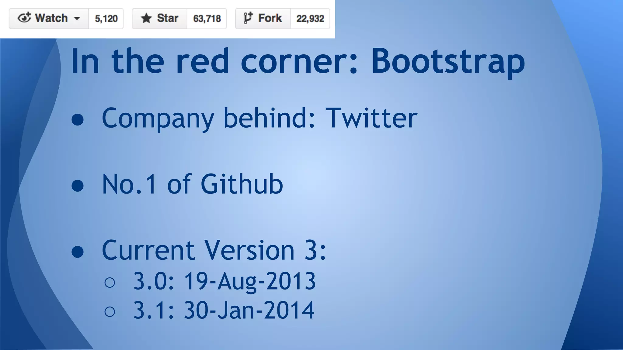 ● Company behind: Twitter
● No.1 of Github
● Current Version 3:
○ 3.0: 19-Aug-2013
○ 3.1: 30-Jan-2014
In the red corner: Bootstrap
 