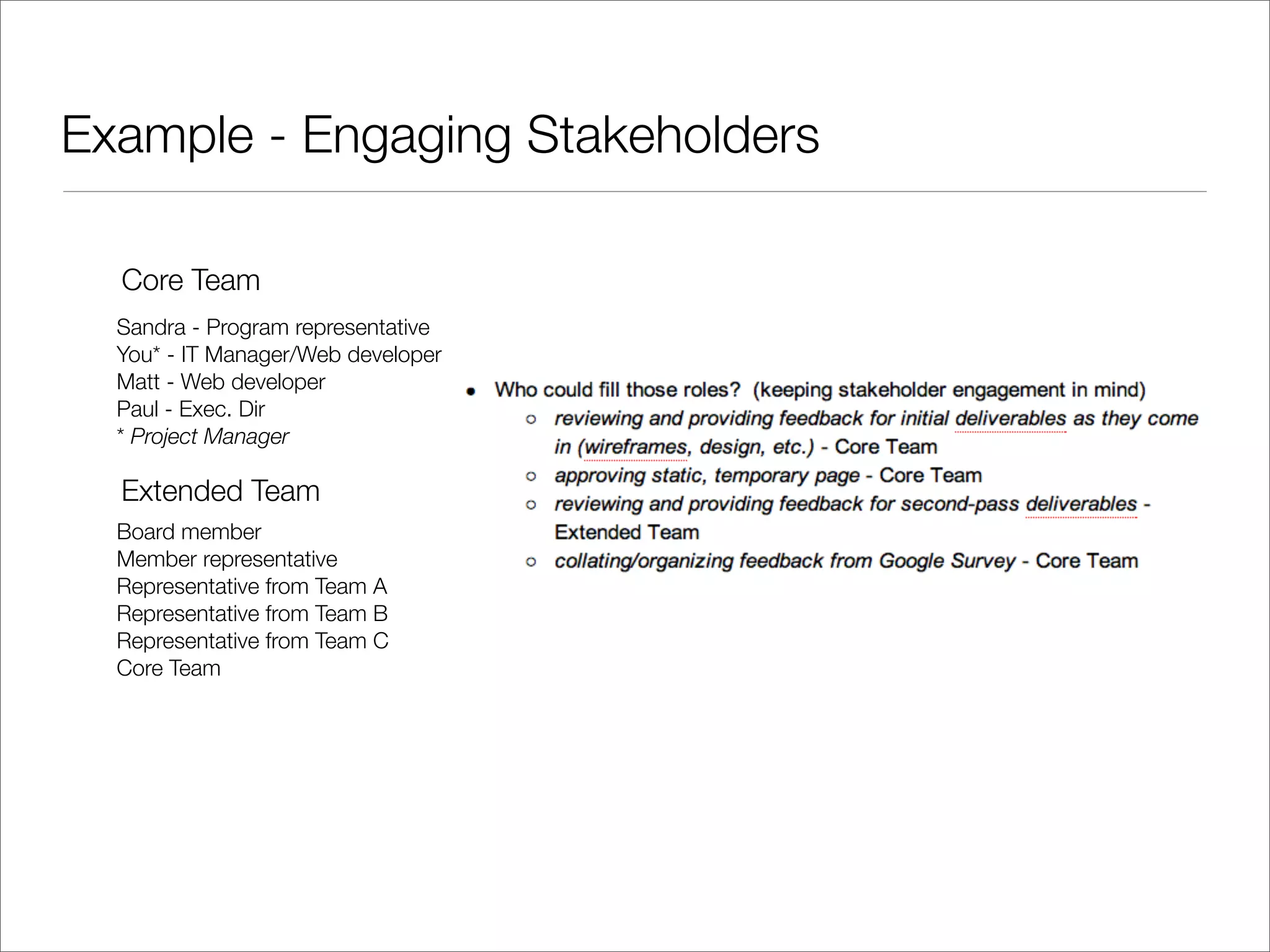 Example - Engaging Stakeholders

  Core Team
  Sandra - Program representative
  You* - IT Manager/Web developer
  Matt - Web developer
  Paul - Exec. Dir
  * Project Manager

  Extended Team
  Board member
  Member representative
  Representative from Team A
  Representative from Team B
  Representative from Team C
  Core Team
 