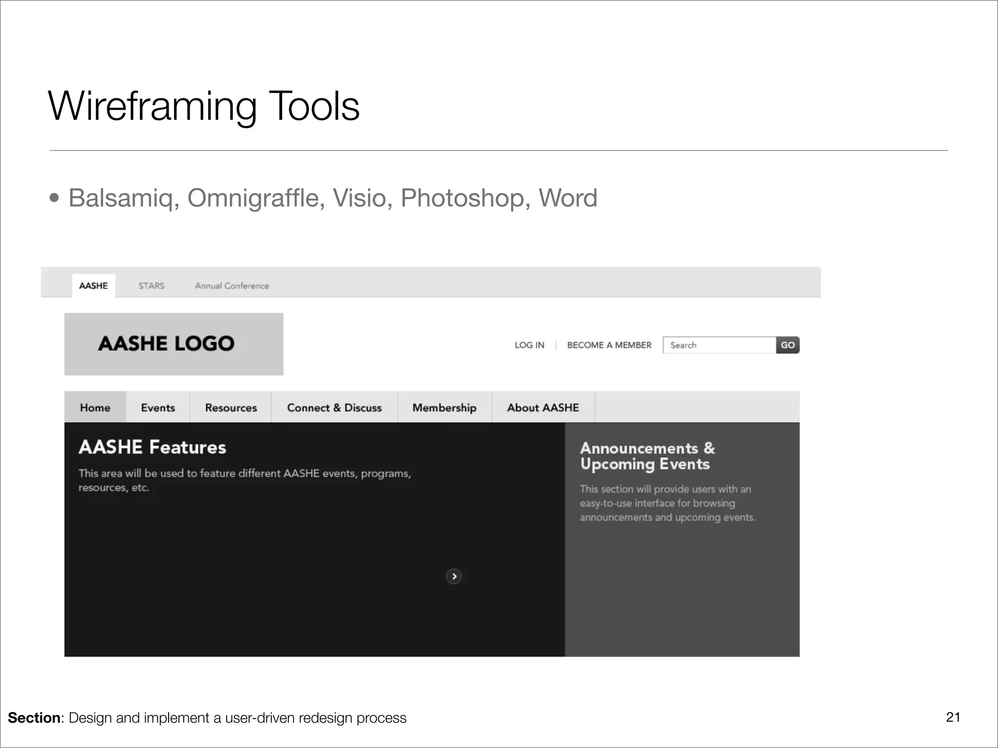 Wireframing Tools

      • Balsamiq, Omnigrafﬂe, Visio, Photoshop, Word




Section: Design and implement a user-driven redesign process   21
 