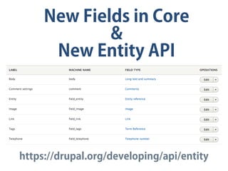 New Fields in Core
&
New Entity API
https://drupal.org/developing/api/entity
 