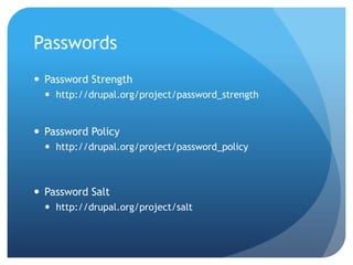 ConfiguraciónBasicaNO usar super admin (ID 1)Crear un grupo con todaslaspermisionesy un nuevo adminNo permitirtodaslas tag’s de HTMLscript, img, iframe, embed, object, input, link, style, meta, frameset, div, base, table, tr, td son MALASRemover el filtro PHP
