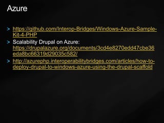 Azurehttps://github.com/Interop-Bridges/Windows-Azure-Sample-Kit-4-PHPScalability Drupal on Azure: https://drupalazure.org/documents/3cd4e8270edd47cbe36eda8bc66319d29035c582/http://azurephp.interoperabilitybridges.com/articles/how-to-deploy-drupal-to-windows-azure-using-the-drupal-scaffold