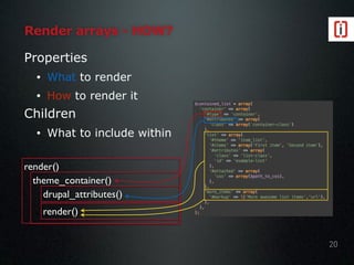 render()
theme_container()
drupal_attributes()
render()
Render arrays - HOW?
Properties
• What to render
• How to render it
Children
• What to include within
20
 