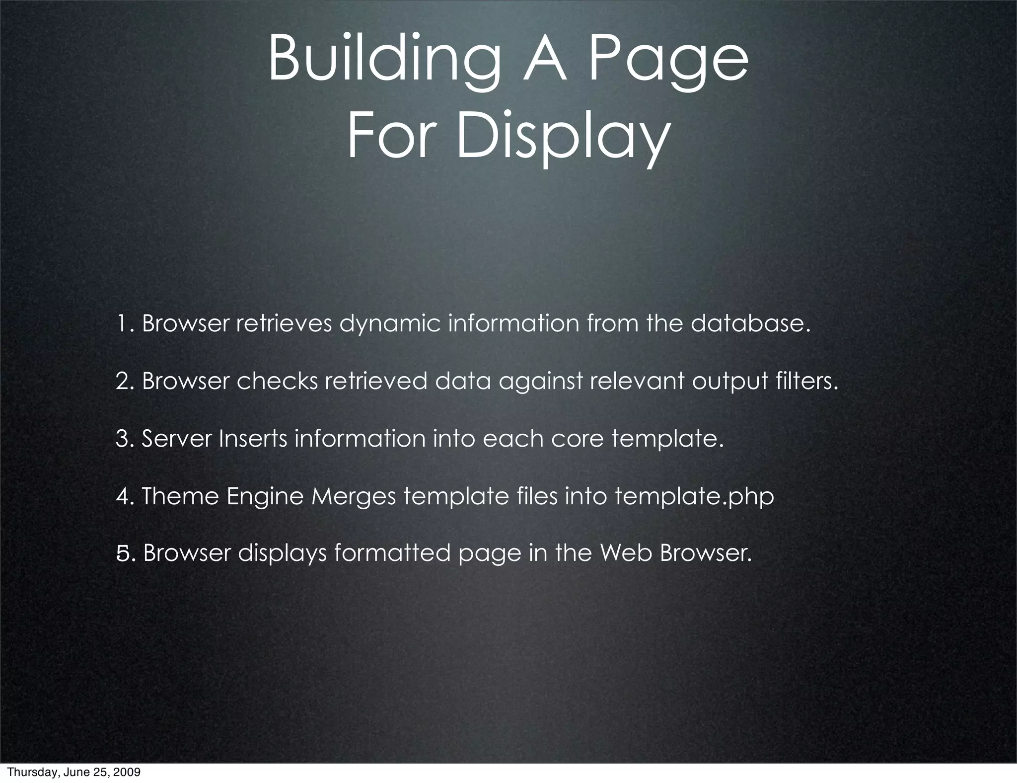 Building A Page
                                 For Display

                  1. Browser retrieves dynamic information from the database.

                  2. Browser checks retrieved data against relevant output filters.

                  3. Server Inserts information into each core template.

                  4. Theme Engine Merges template files into template.php

                  5. Browser displays formatted page in the Web Browser.




Thursday, June 25, 2009
 