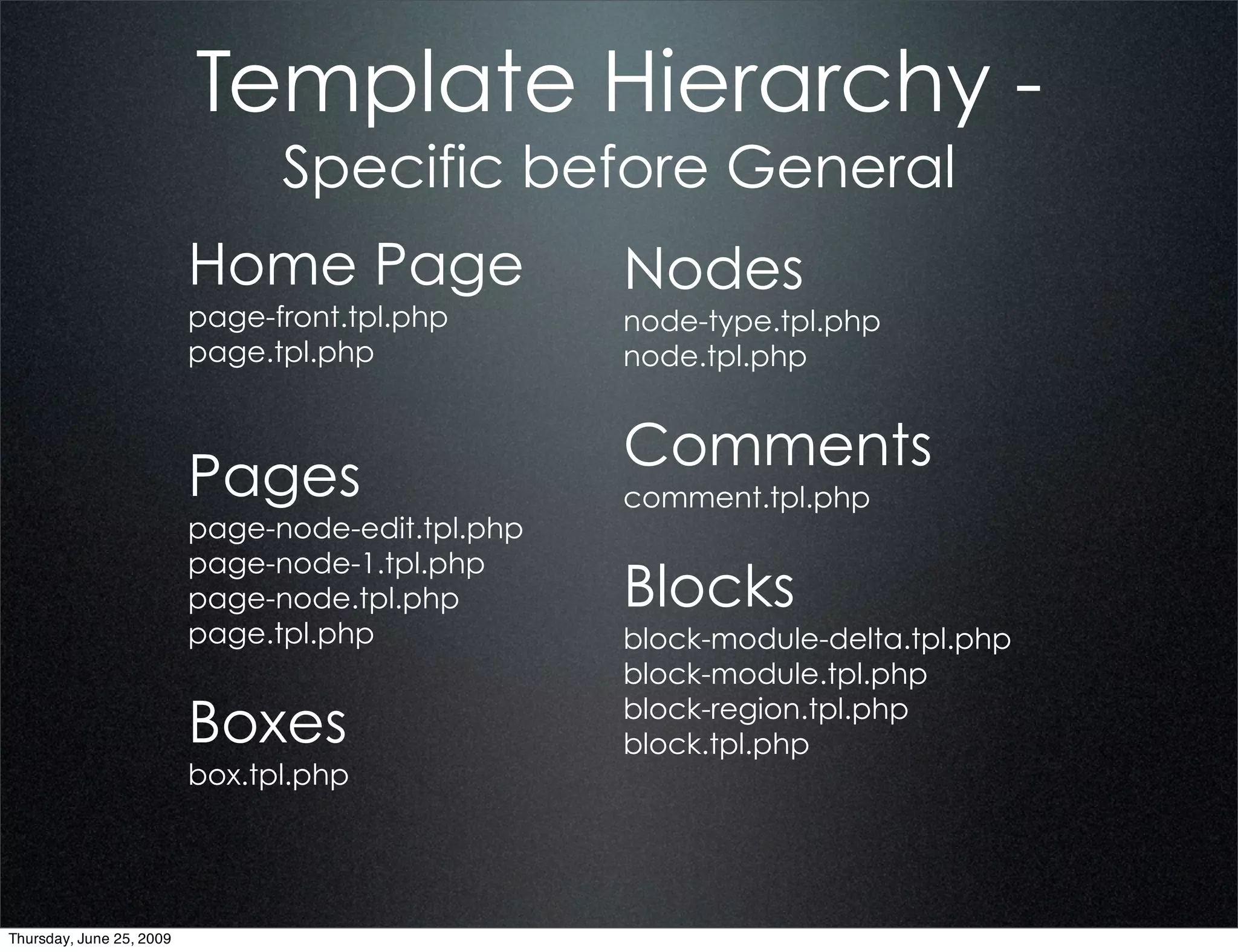 Template Hierarchy -
                                Specific before General
                          Home Page                Nodes
                          page-front.tpl.php       node-type.tpl.php
                          page.tpl.php             node.tpl.php


                                                   Comments
                          Pages                    comment.tpl.php
                          page-node-edit.tpl.php
                          page-node-1.tpl.php
                          page-node.tpl.php        Blocks
                          page.tpl.php             block-module-delta.tpl.php
                                                   block-module.tpl.php

                          Boxes                    block-region.tpl.php
                                                   block.tpl.php
                          box.tpl.php




Thursday, June 25, 2009
 