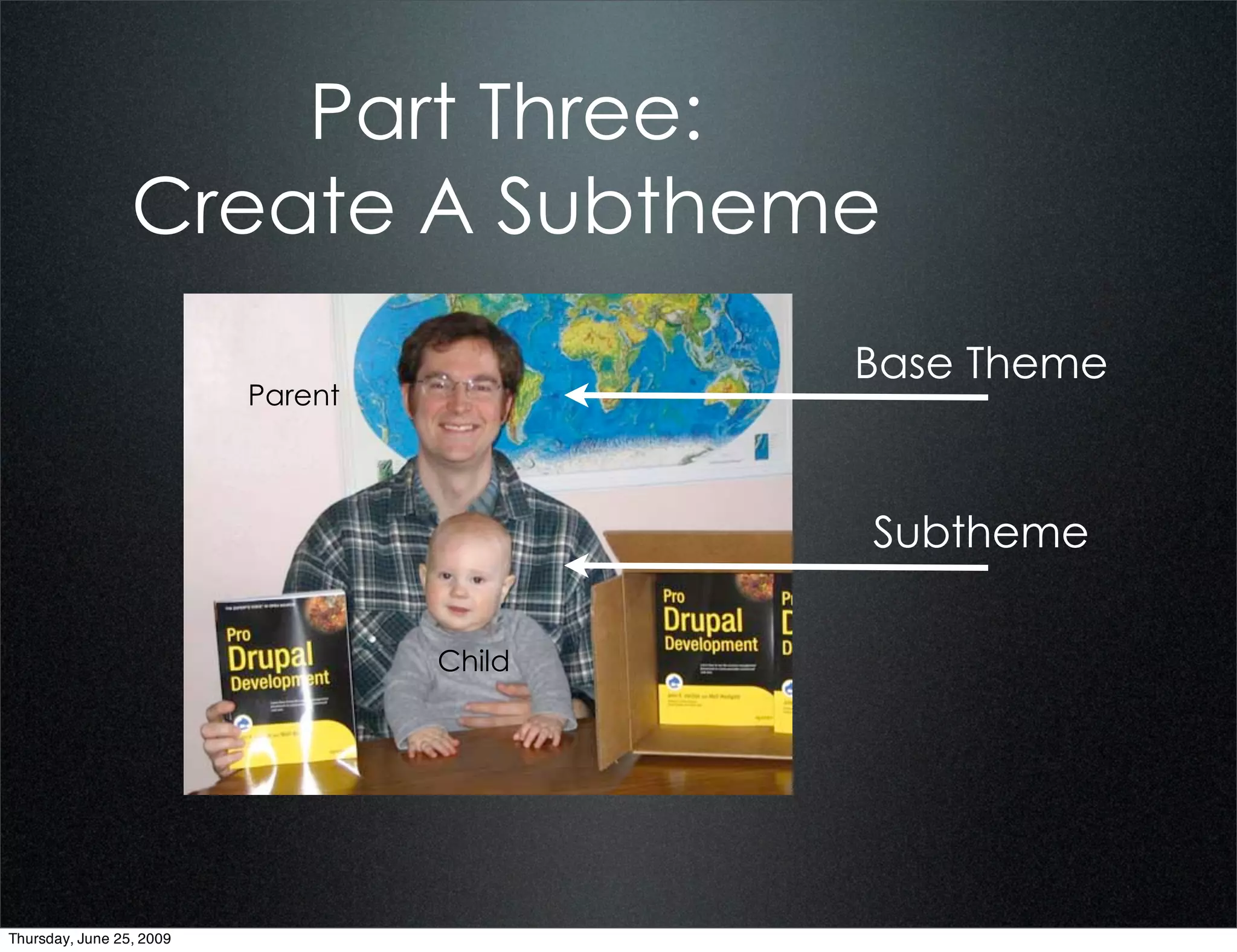 Part Three:
                 Create A Subtheme
                                           Base Theme
                          Parent



                                           Subtheme

                                   Child




Thursday, June 25, 2009
 