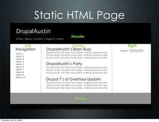 Static HTML Page
                DrupalAustin
                                                                 Header
                Home | About | Contact | Projects | Events


                   Left                                 Center                                             Right
               Navigation                 DrupalAustin’s Been Busy                                    Search
                                          Drupal Austin has been busy lately, making awesome sites.
                Menu 1
                                          Drupal Austin has been busy lately, making awesome sites.
                Menu 2
                                          Drupal Austin has been busy lately, making awesome sites.
                Menu 3
                Menu 4
                Menu 5                    DrupalAustin’s Party
                Menu 6                    Drupal Austin has been busy lately, making awesome sites.
                Menu 7                    Drupal Austin has been busy lately, making awesome sites.
                Menu 8                    Drupal Austin has been busy lately, making awesome sites.
                Menu 9
                Menu 10
                                          Drupal 7’s UI Overhaul Update
                                          Drupal Austin has been busy lately, making awesome sites.
                                          Drupal Austin has been busy lately, making awesome sites.
                                          Drupal Austin has been busy lately, making awesome sites.




                                                                    Footer




Thursday, June 25, 2009
 
