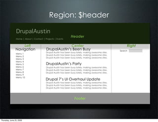 Region: $header

                DrupalAustin
                                                                 Header
                Home | About | Contact | Projects | Events


                   Left                                 Center                                             Right
               Navigation                 DrupalAustin’s Been Busy                                    Search
                                          Drupal Austin has been busy lately, making awesome sites.
                Menu 1
                                          Drupal Austin has been busy lately, making awesome sites.
                Menu 2
                                          Drupal Austin has been busy lately, making awesome sites.
                Menu 3
                Menu 4
                Menu 5                    DrupalAustin’s Party
                Menu 6                    Drupal Austin has been busy lately, making awesome sites.
                Menu 7                    Drupal Austin has been busy lately, making awesome sites.
                Menu 8                    Drupal Austin has been busy lately, making awesome sites.
                Menu 9
                Menu 10
                                          Drupal 7’s UI Overhaul Update
                                          Drupal Austin has been busy lately, making awesome sites.
                                          Drupal Austin has been busy lately, making awesome sites.
                                          Drupal Austin has been busy lately, making awesome sites.




                                                                    Footer




Thursday, June 25, 2009
 