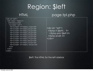 Region: $left
                          HTML                              page.tpl.php
          <div id=”left”>
           <div class= “menu”>
            <h3>Menu</h3>
             <ul class= “ul1”>
               <li><a href= “#”>Menu 1</a></li>
               <li><a href= “#”>Menu 2</a></li>        <div id= “left”>
               <li><a href= “#”>Menu 3</a></li>         <?php if ($left) : ?>
               <li><a href= “#”>Menu 4</a></li>          <?php print $left ?>
               <li><a href= “#”>Menu 5</a></li>
               <li><a href= “#”>Menu 6</a></li>         <?php endif; ?>
               <li><a href= “#”>Menu 7</a></li>        </div>
               <li><a href= “#”>Menu 8</a></li>
               <li><a href= “#”>Menu 9</a></li>
               <li><a href= “#”>Menu 10</a></li>
             </ul>
           </div>
          </div>



                                     $left: The HTML for the left sidebar




Thursday, June 25, 2009
 