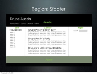 Region: $footer

                DrupalAustin
                                                                 Header
                Home | About | Contact | Projects | Events


                   Left                                 Center                                             Right
               Navigation                 DrupalAustin’s Been Busy                                    Search
                                          Drupal Austin has been busy lately, making awesome sites.
                Menu 1
                                          Drupal Austin has been busy lately, making awesome sites.
                Menu 2
                                          Drupal Austin has been busy lately, making awesome sites.
                Menu 3
                Menu 4
                Menu 5                    DrupalAustin’s Party
                Menu 6                    Drupal Austin has been busy lately, making awesome sites.
                Menu 7                    Drupal Austin has been busy lately, making awesome sites.
                Menu 8                    Drupal Austin has been busy lately, making awesome sites.
                Menu 9
                Menu 10
                                          Drupal 7’s UI Overhaul Update
                                          Drupal Austin has been busy lately, making awesome sites.
                                          Drupal Austin has been busy lately, making awesome sites.
                                          Drupal Austin has been busy lately, making awesome sites.




                                                                    Footer




Thursday, June 25, 2009
 