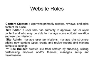 Website Roles Content Creator : a user who primarily creates, reviews, and edits content for a site.  