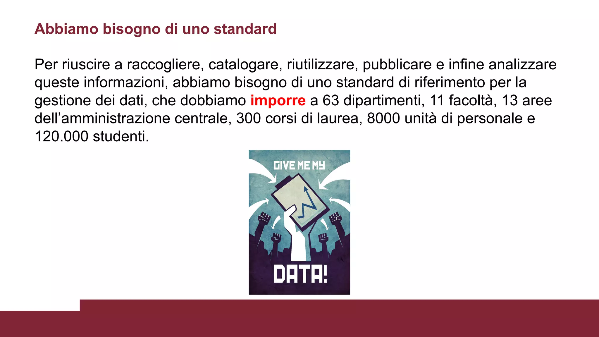 Per riuscire a raccogliere, catalogare, riutilizzare, pubblicare e infine analizzare
queste informazioni, abbiamo bisogno di uno standard di riferimento per la
gestione dei dati, che dobbiamo imporre a 63 dipartimenti, 11 facoltà, 13 aree
dell’amministrazione centrale, 300 corsi di laurea, 8000 unità di personale e
120.000 studenti.
Abbiamo bisogno di uno standard
 