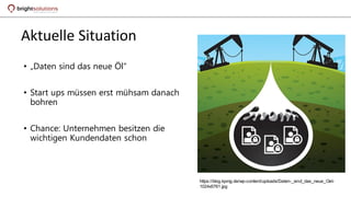 Aktuelle Situation
• „Daten sind das neue Öl“
• Start ups müssen erst mühsam danach
bohren
• Chance: Unternehmen besitzen die
wichtigen Kundendaten schon
https://blog.kpmg.de/wp-content/uploads/Daten-_sind_das_neue_Oel-
1024x5761.jpg
 