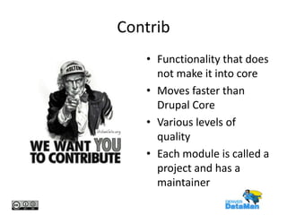 Contrib
• Functionality that does
not make it into core
• Moves faster than
Drupal Core
• Various levels of
quality
• Each module is called a
project and has a
maintainer

 