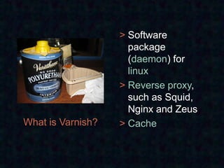 > Software
                     package
                     (daemon) for
                     linux
                   > Reverse proxy,
                     such as Squid,
                     Nginx and Zeus
What is Varnish?   > Cache
 