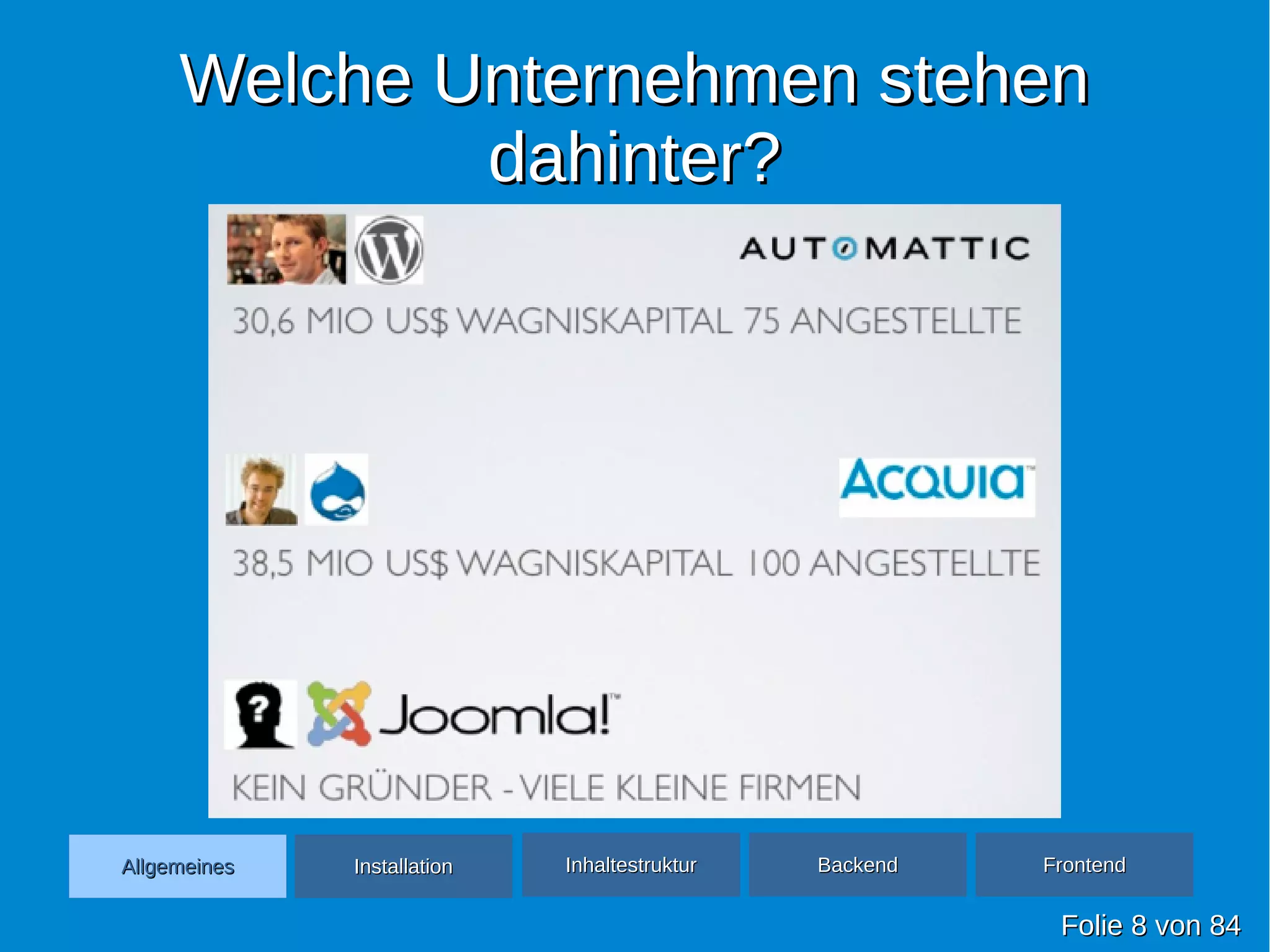 Welche Unternehmen stehenWelche Unternehmen stehen
dahinter?dahinter?
FolieFolie 88 vonvon 8484
AllgemeinesAllgemeines InhaltestrukturInhaltestruktur BackendBackend FrontendFrontendInstallationInstallation
 