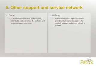 5. Other support and service network
• Drupal
– A worldwide community that discusses,
distributes code, develops the platform and
organizes gigantic seminars
• EPiServer
– Has its own support organization that
provides education and support when
needed; however, rather sporadically in
practice
 