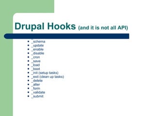 Drupal Hooks   (and it is not all API) _install _schema _update _enable _disable _cron _save _load _boot  _init (setup tasks)  _exit (clean up tasks)  _delete  _alter _form _validate _submit  