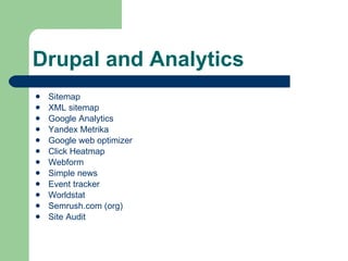 Drupal and Analytics Sitemap XML sitemap Google Analytics Yandex Metrika Google web optimizer Click Heatmap Webform Simple news Event tracker Worldstat Semrush.com (org) Site Audit 