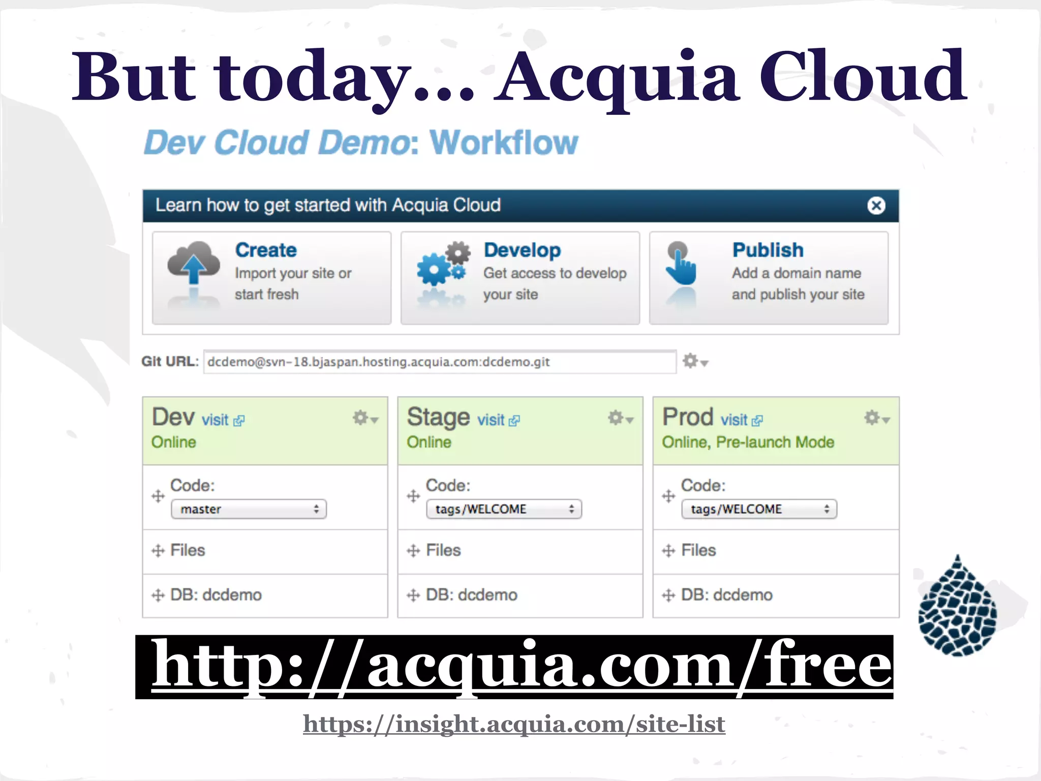 But today... Acquia Cloud
free
http://acquia.com/free
https://insight.acquia.com/site-list
 