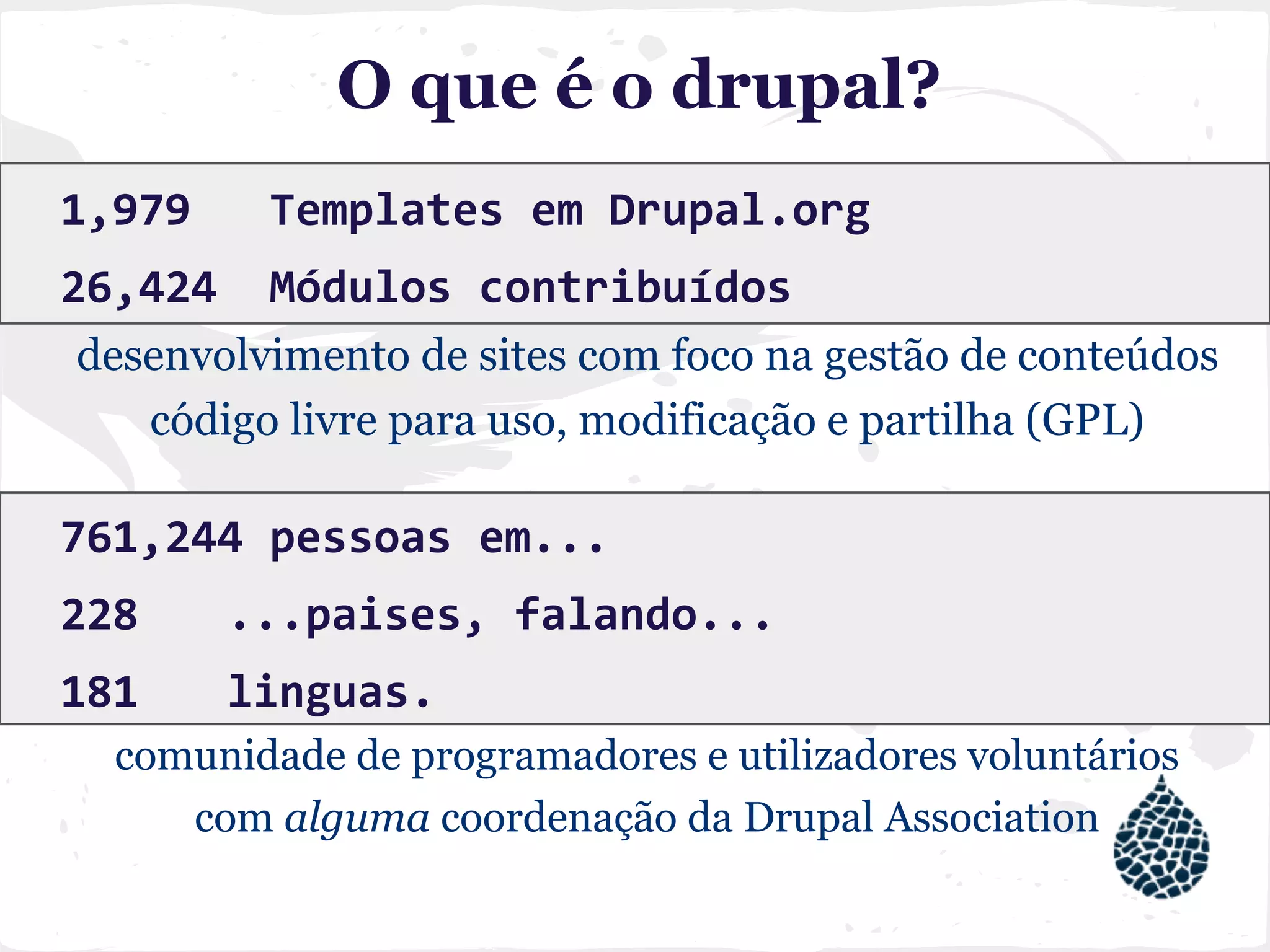 O que é o drupal?
1,979 Templates em Drupal.org
26,424 Módulos contribuídos
desenvolvimento de sites com foco na gestão de conteúdos
código livre para uso, modificação e partilha (GPL)
761,244 pessoas em...
228 ...paises, falando...
181 linguas.
comunidade de programadores e utilizadores voluntários
com alguma coordenação da Drupal Association
 