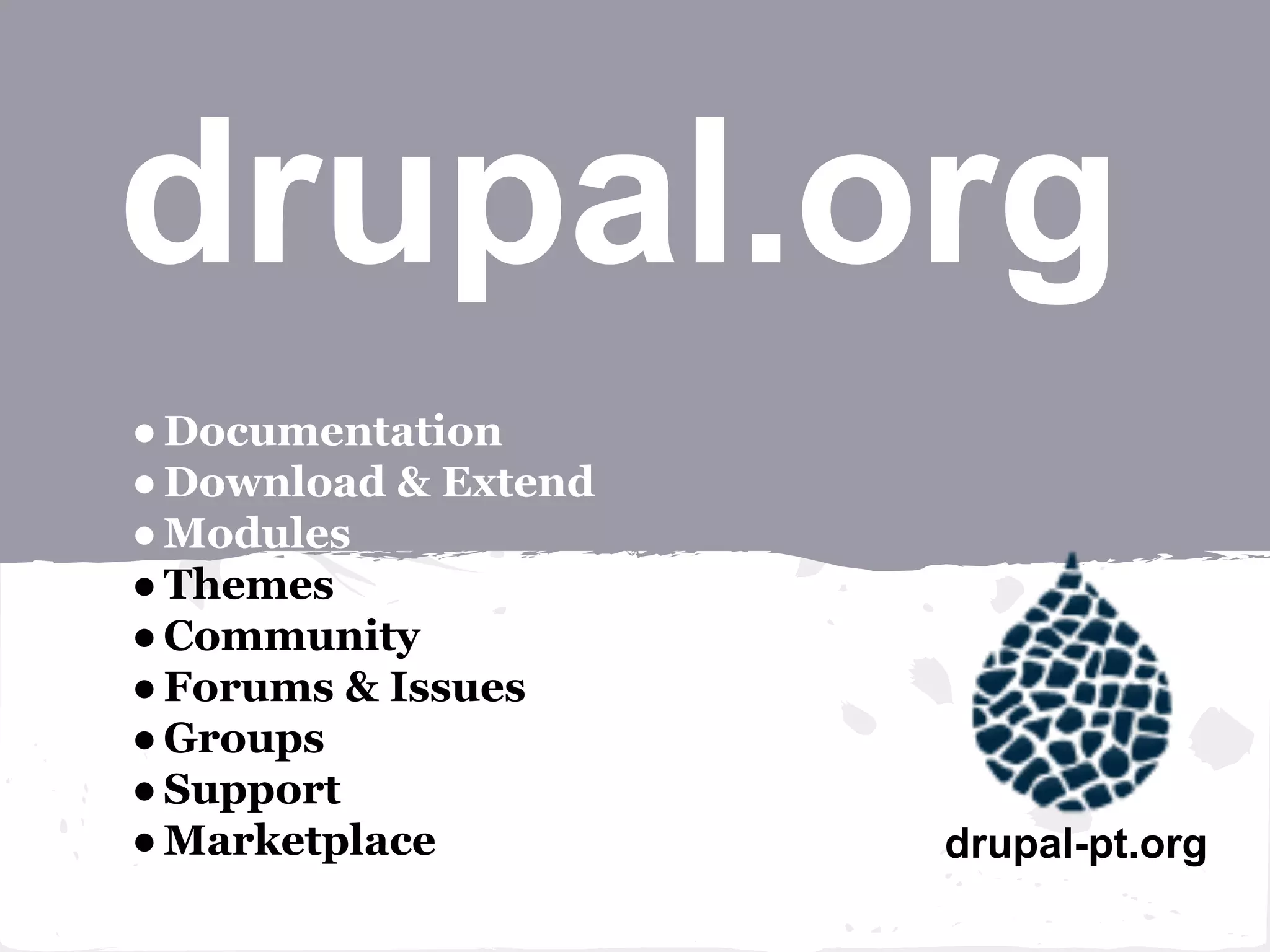 drupal.org
drupal-pt.org
●Documentation
●Download & Extend
●Modules
●Themes
●Community
●Forums & Issues
●Groups
●Support
●Marketplace
 