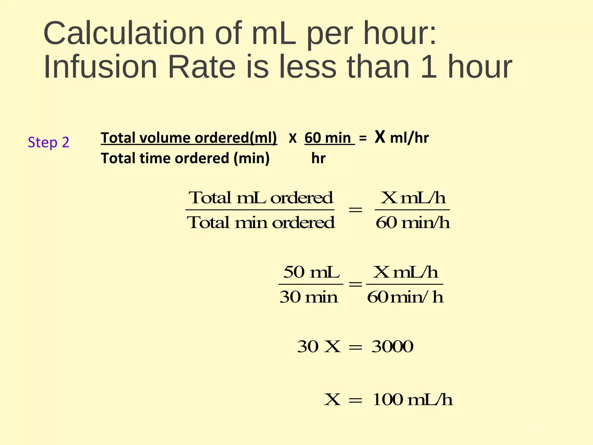 Calculation of mL per hour:
Infusion Rate is less than 1 hour
Step 2
17
Total mL ordered
Total min ordered
=
XmL/h
60 min/h
50 mL
30 min
=
XmL/h
60min/ h
30 X = 3000
X = 100 mL/h
Total volume ordered(ml) X 60 min = X ml/hr
Total time ordered (min) hr
 