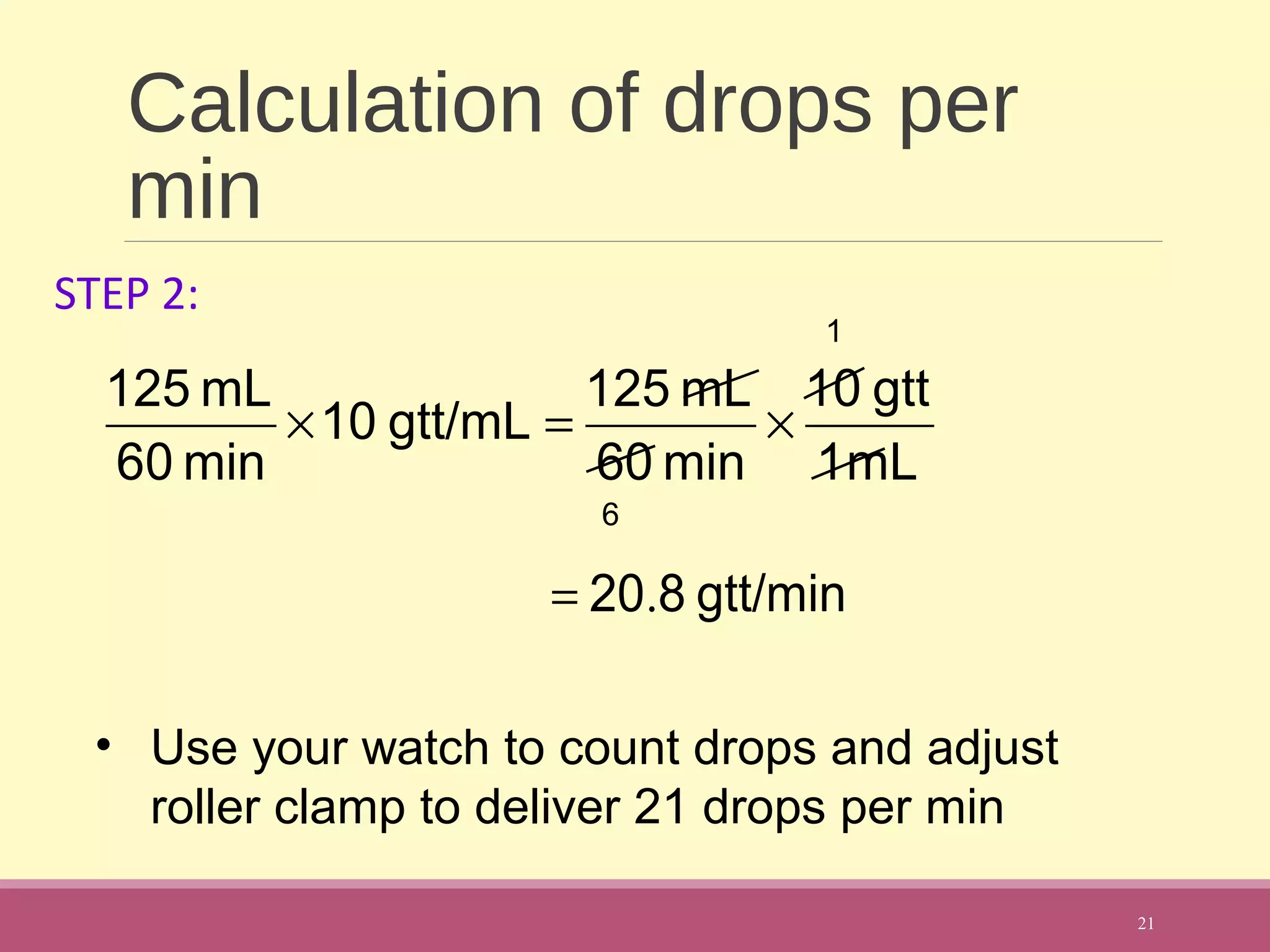 Calculation of drops per
min
21
mL1
gtt10
min60
mL125
gtt/mL10
min60
mL125
×=×
gtt/min820.=
6
1
• Use your watch to count drops and adjust
roller clamp to deliver 21 drops per min
STEP 2:
 