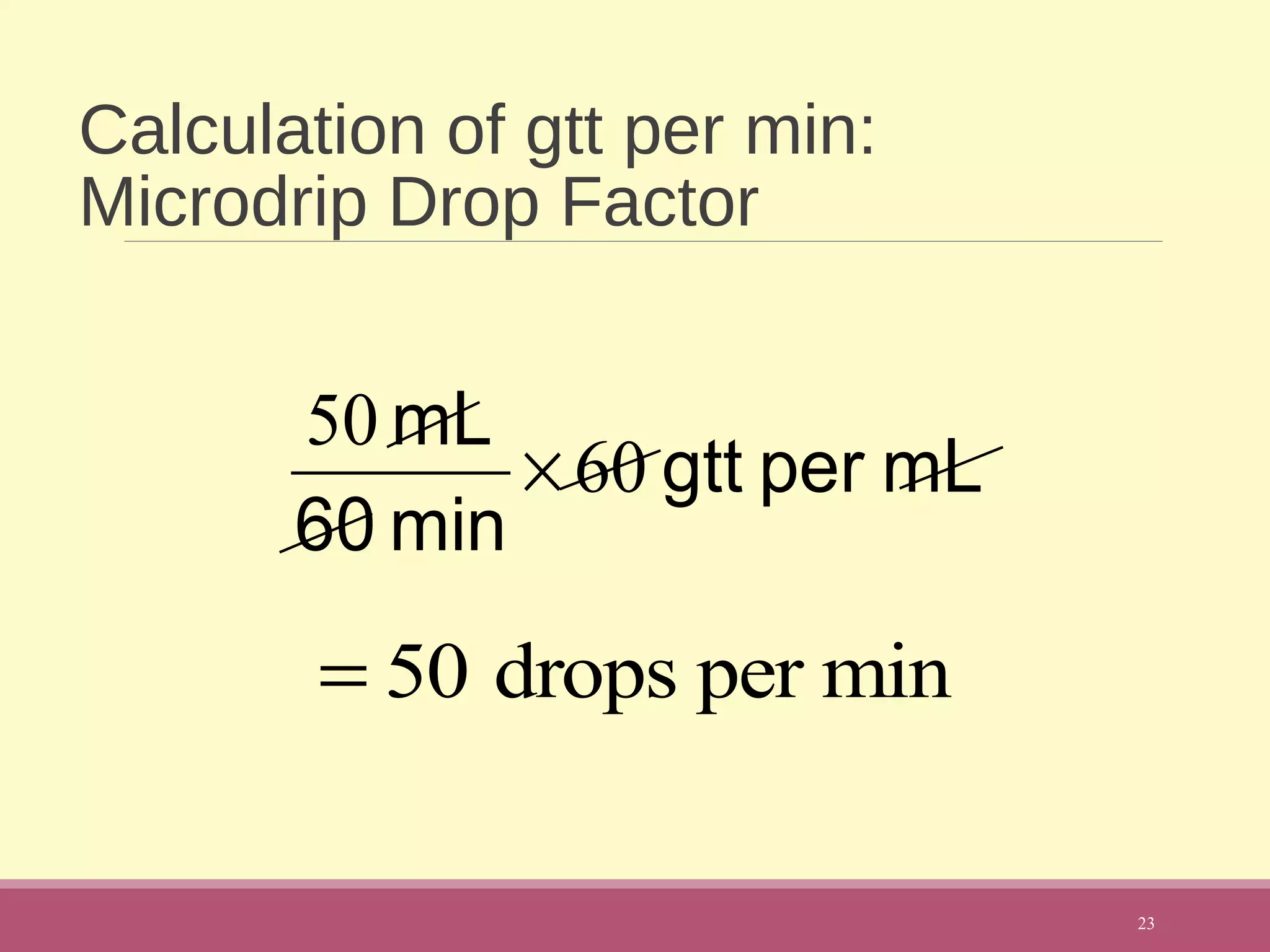Calculation of gtt per min:
Microdrip Drop Factor
23
mLpergtt
min60
mL
60
50
×
= 50 drops per min
 