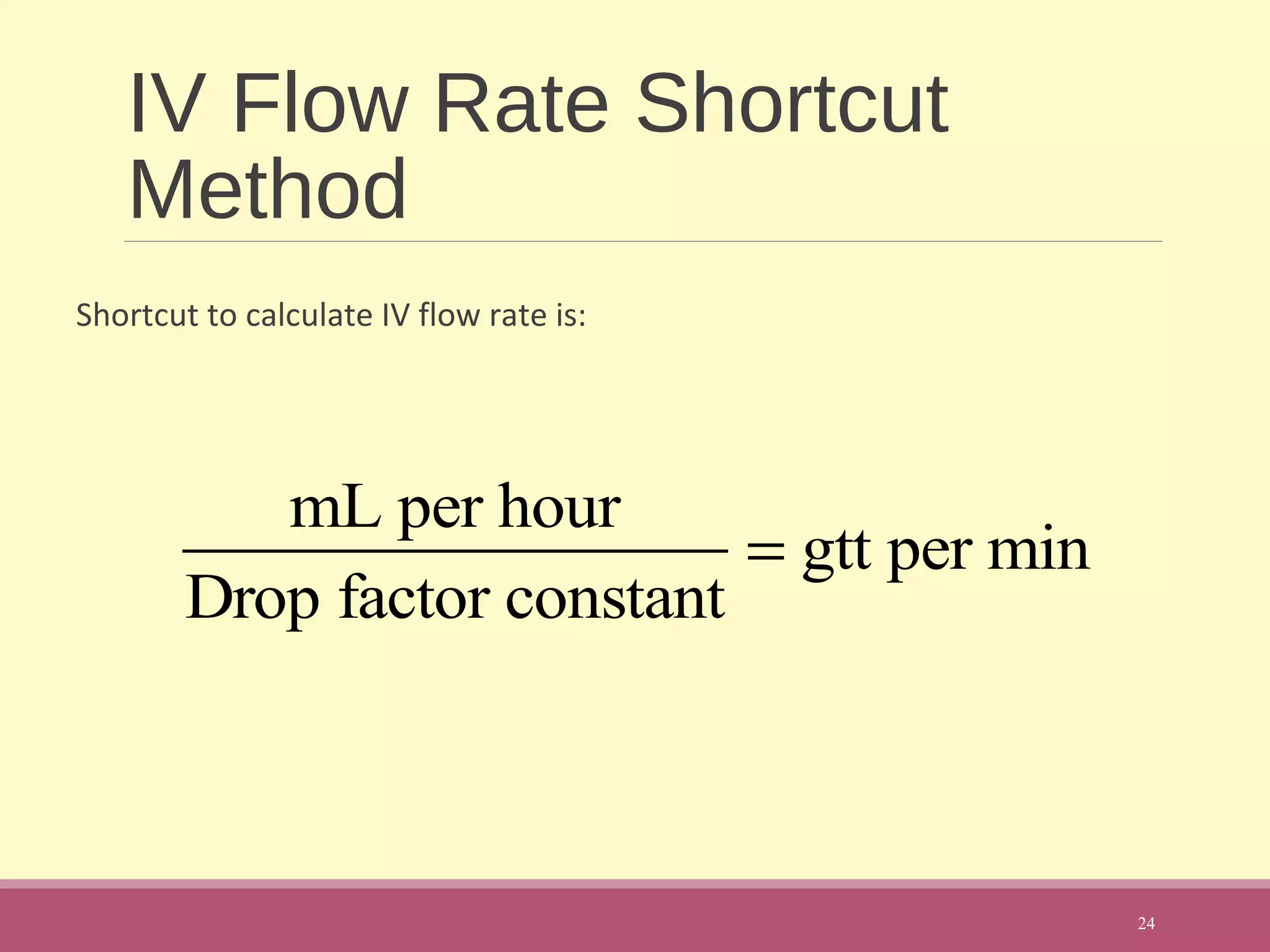 IV Flow Rate Shortcut
Method
Shortcut to calculate IV flow rate is:
24
mL per hour
Drop factor constant
= gtt per min
 