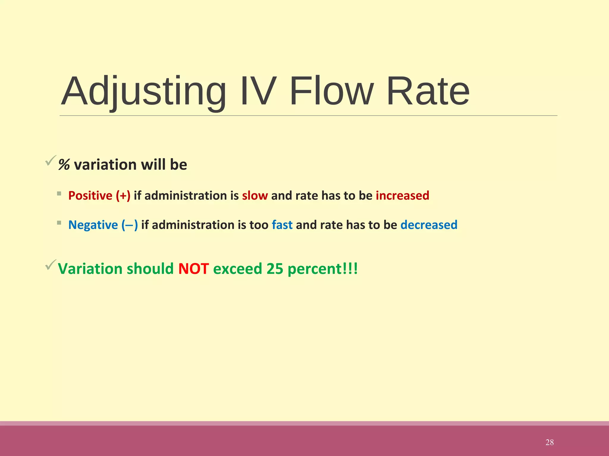 Adjusting IV Flow Rate
% variation will be
 Positive (+) if administration is slow and rate has to be increased
 Negative (−) if administration is too fast and rate has to be decreased
Variation should NOT exceed 25 percent!!!
28
 