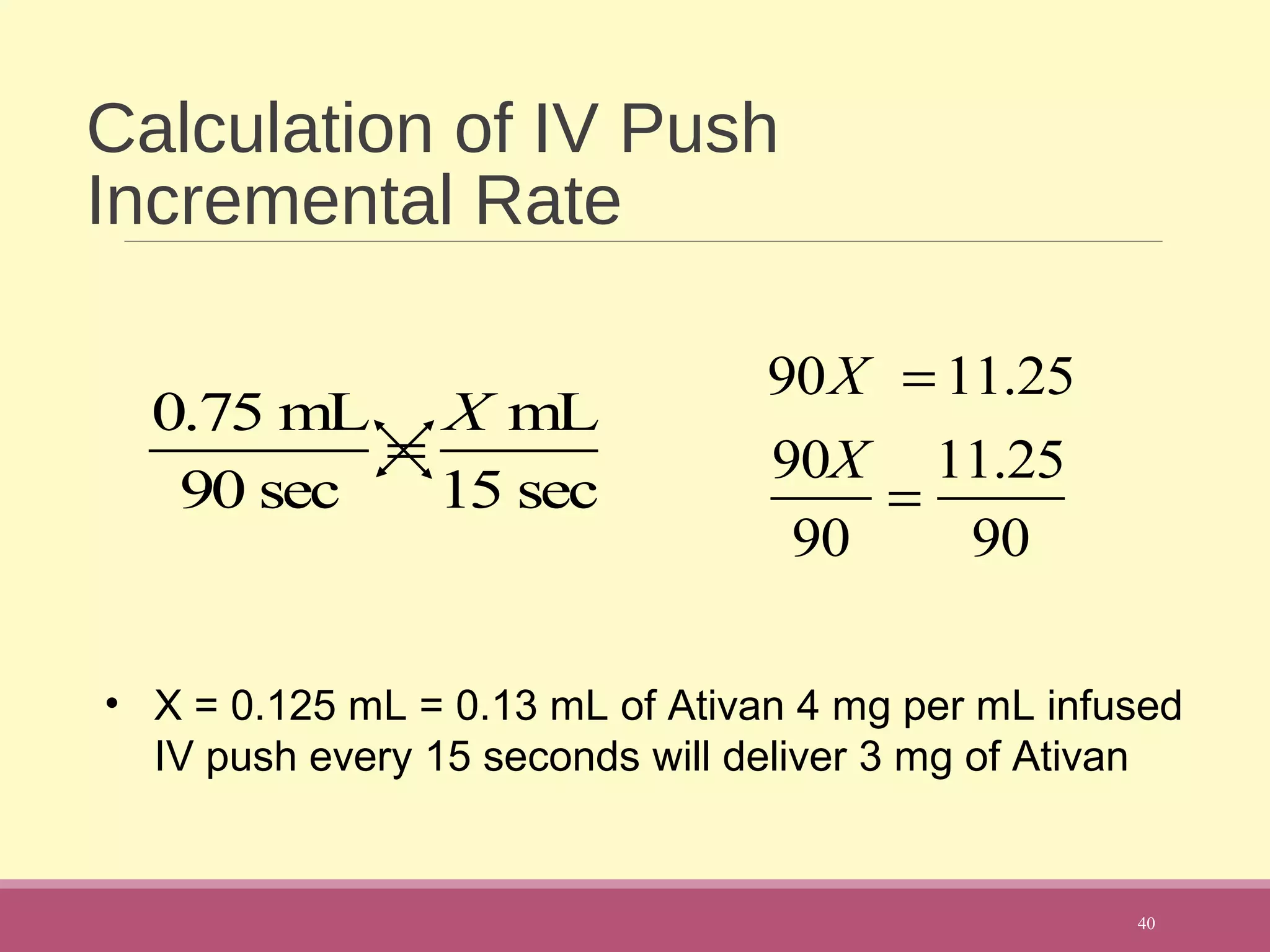 Calculation of IV Push
Incremental Rate
40
0.75 mL
90 sec
=
X mL
15 sec
90X = 11.25
90X
90
=
11.25
90
• X = 0.125 mL = 0.13 mL of Ativan 4 mg per mL infused
IV push every 15 seconds will deliver 3 mg of Ativan
 