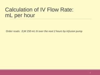 Calculation of IV Flow Rate:
mL per hour
Order reads: D5W 250 mL IV over the next 2 hours by infusion pump
11
 