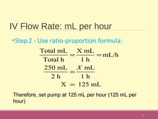IV Flow Rate: mL per hour
•Step2 - Use ratio-proportion formula:
13
Total mL
Total h
=
X mL
1 h
= mL/h
250 mL
2 h
=
X mL
1 h
X = 125 mL
Therefore, set pump at 125 mL per hour (125 mL per
hour)
 